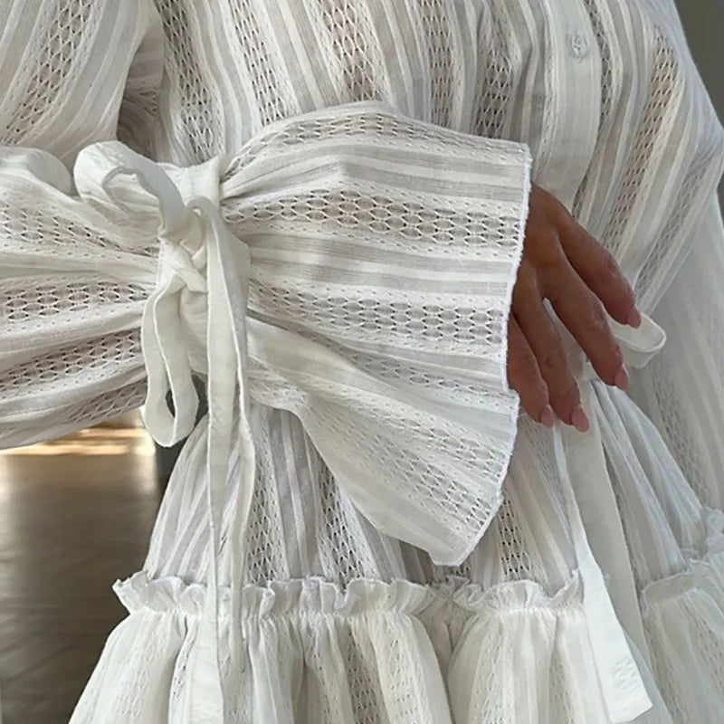 Elegant Stand Collar Bow Detail Ruffled Mini Dress for Women