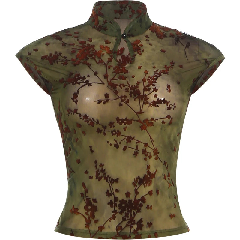 Sheer Jacquard Patchwork High Neck Tank Top for Women