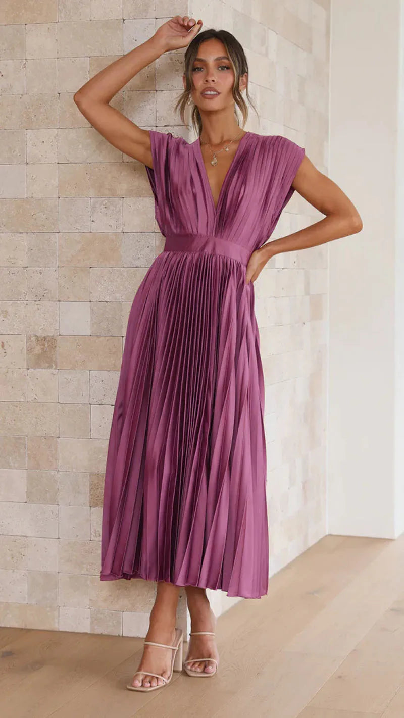 Elegance Draped V-Neck Pleated Skirt Dress 2025 Women Solid Strapless Backless Patchwork Loungewear Simple Maxi Dress