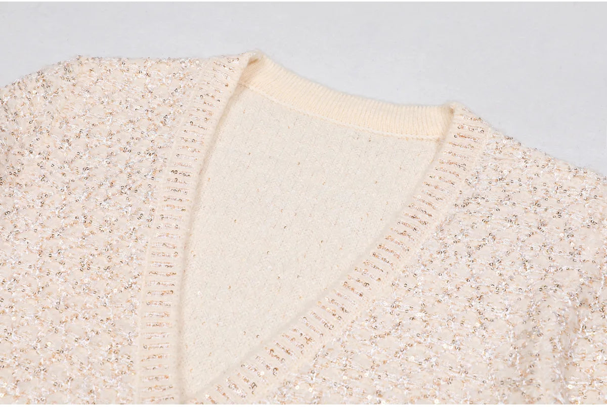 2025 Spring and Autumn New High-end Fashion Long-sleeved Sequined Knitted Cardigan Elegant Commuter V-neck Cardigan Top Jacket