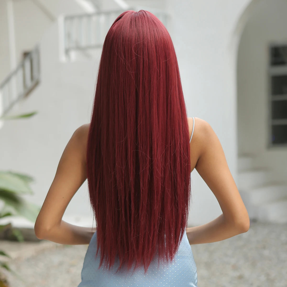 Long Straight Dark Red Cosplay Wig With Bangs for Women