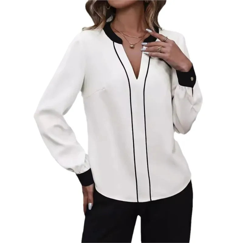New Fashion White V-neckBlouse Women Blouses Turn Down Collar Office Blouse For Women Long Sleeve Chiffon Blouse