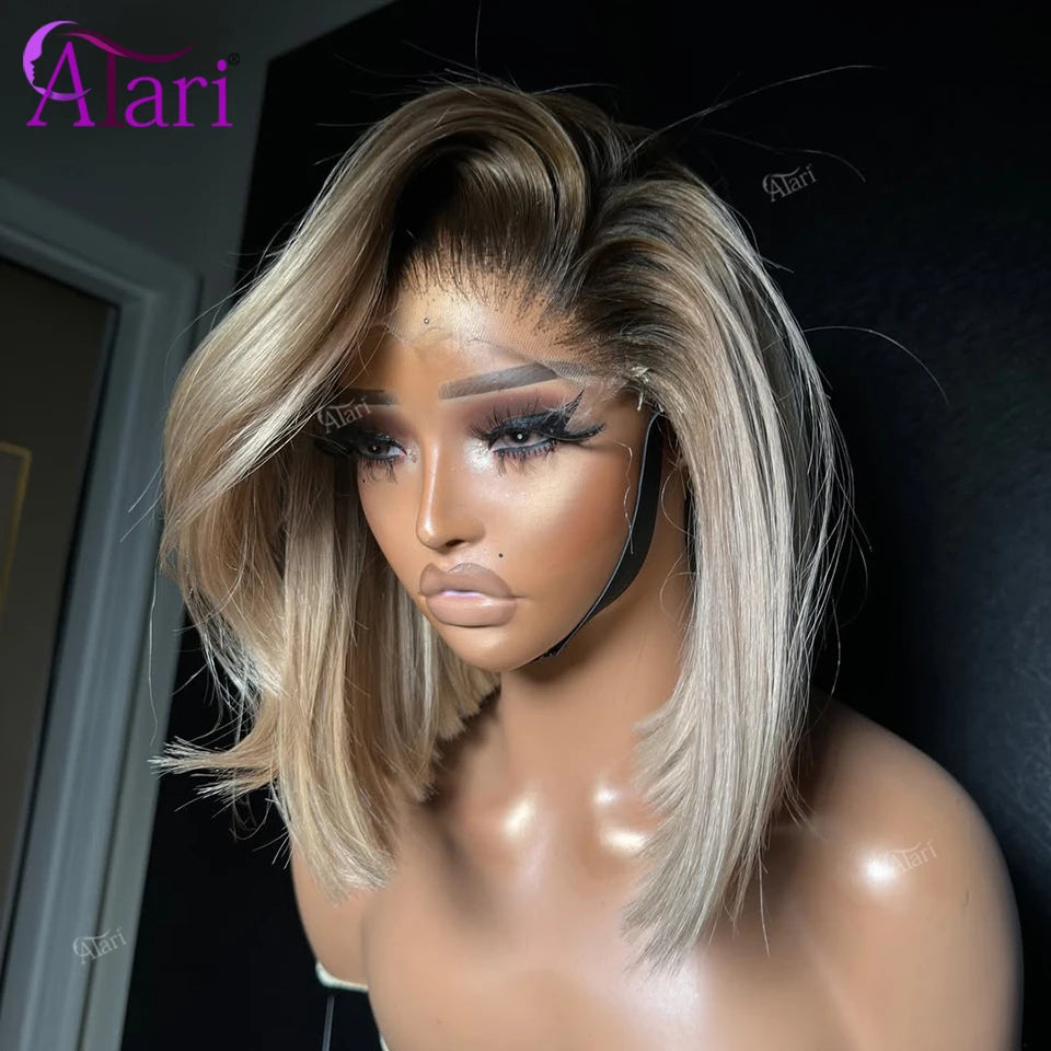 Full Lace Straight Bob Wig With Brown Roots For Women