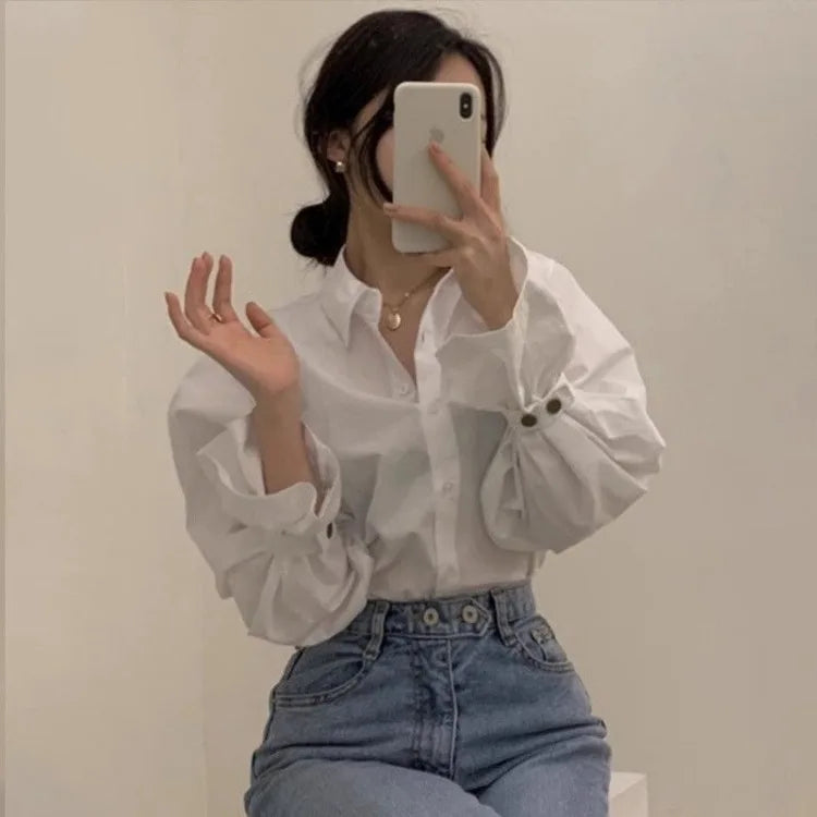 White Puff Sleeve Button-Front Collared Blouse for Women