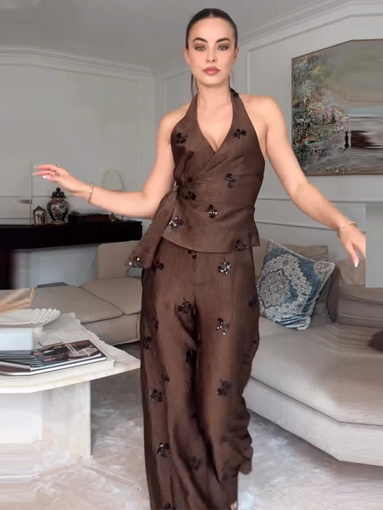 Elegant Sequin Halter Top and Wide Leg Pants Two Piece Set for Women