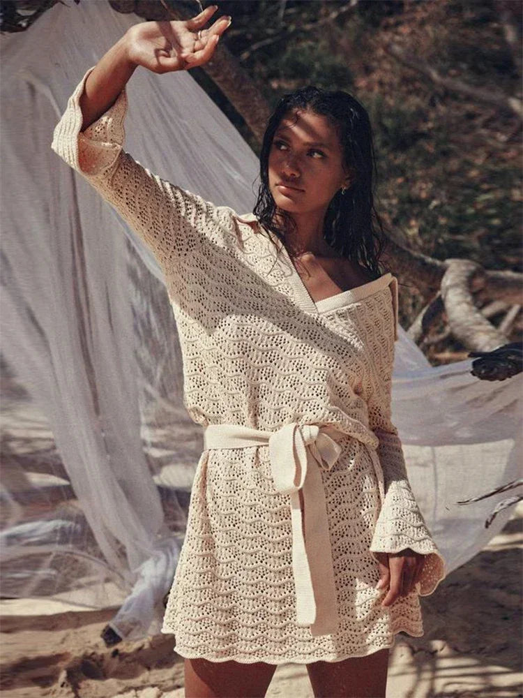 Sexy Shirt V-neck Bell Sleeve Hollow Out Knitted Belted Beach Mini Dress 2025 Summer Swimsuit Cover Up Women's Casual Outfit K16