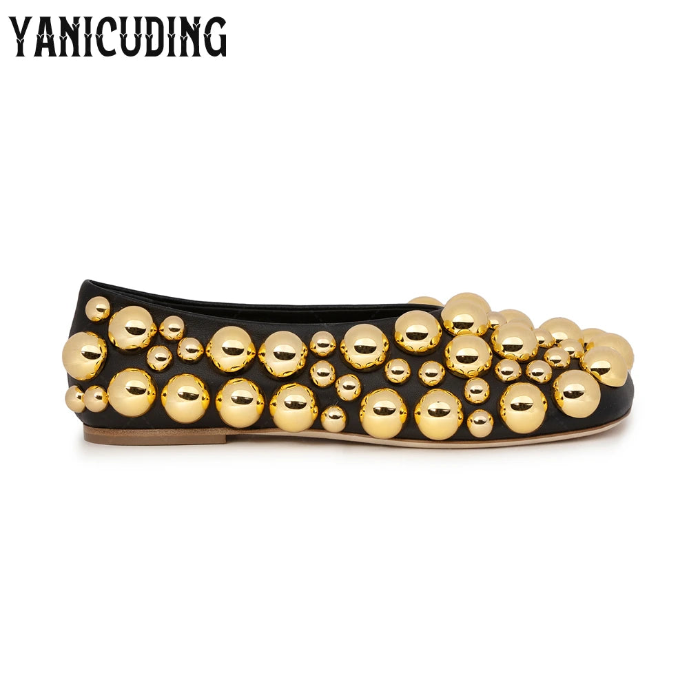 Metallic Stud Embellished Square Toe Ballet Flats for Women