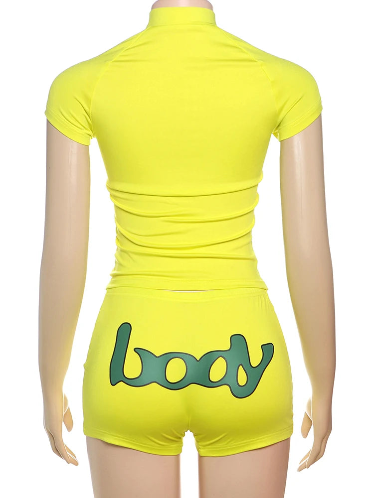 Cutenew Letter Print Sporty Women 2 Piece Set Summer Casual Short Sleeve Zip Up Tees+Solid Slim Shorts Female Daily Tracksuits