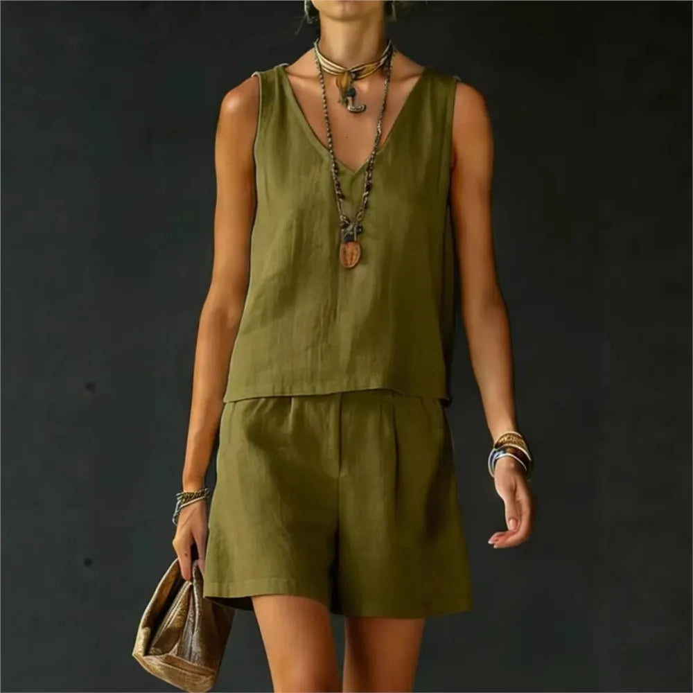 Cotton Linen Summer Casual Vest and Shorts Set for Women