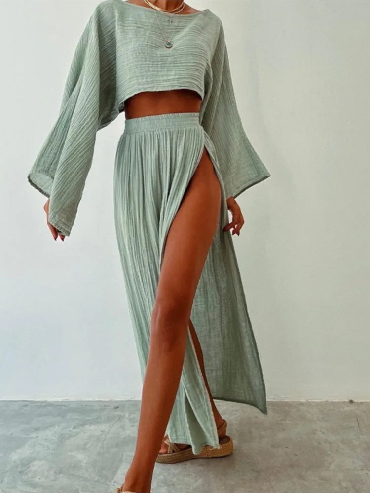 Casual Cotton Linen Blend Two Piece Skirt Set for Women