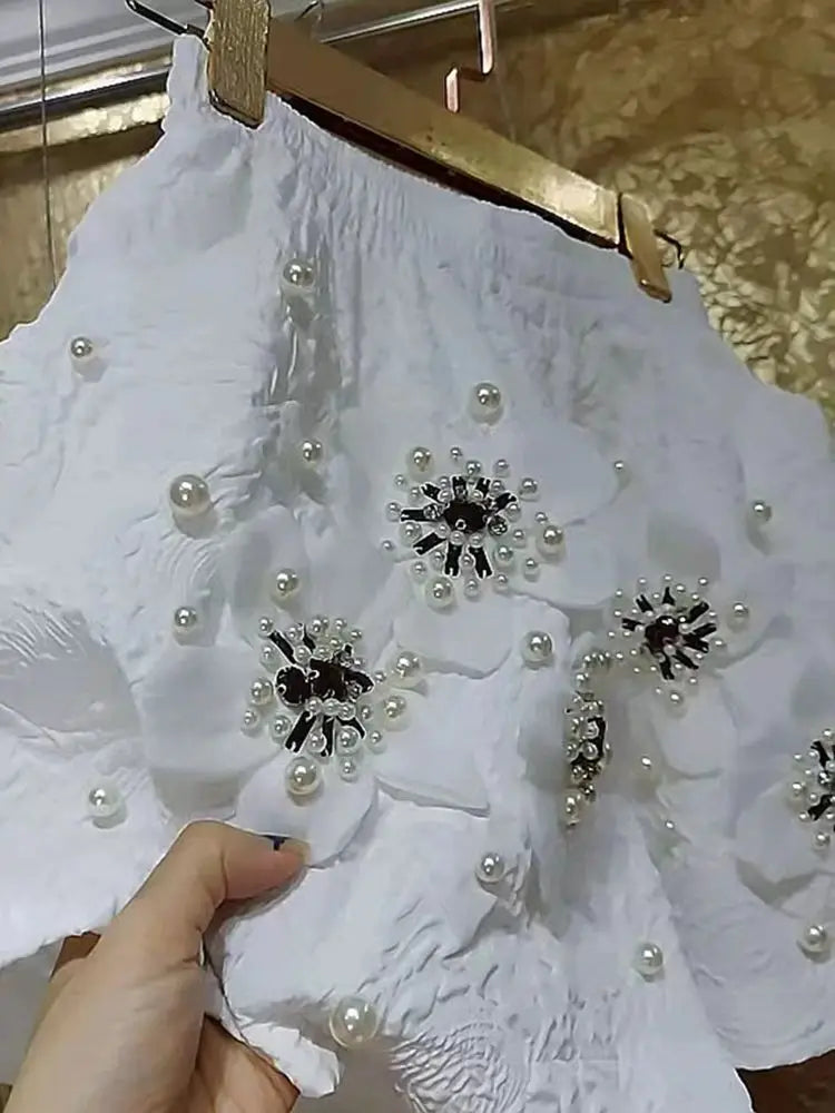 Pearl Beaded Three Dimensional Floral Embroidered Wide Leg Shorts for Women