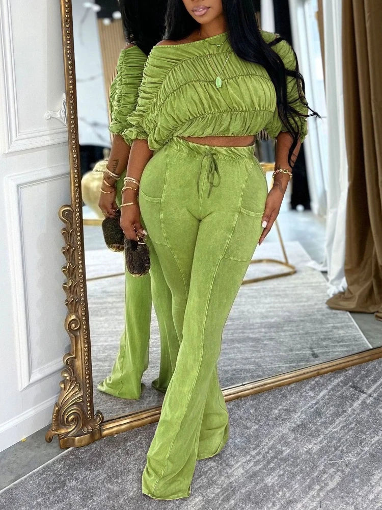 Ruched Crop Top And Flare Pants Two Piece Set for Women