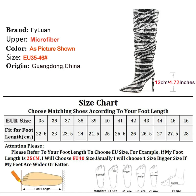 Sequined Pointed Toe Knee High Heeled Boots for Women