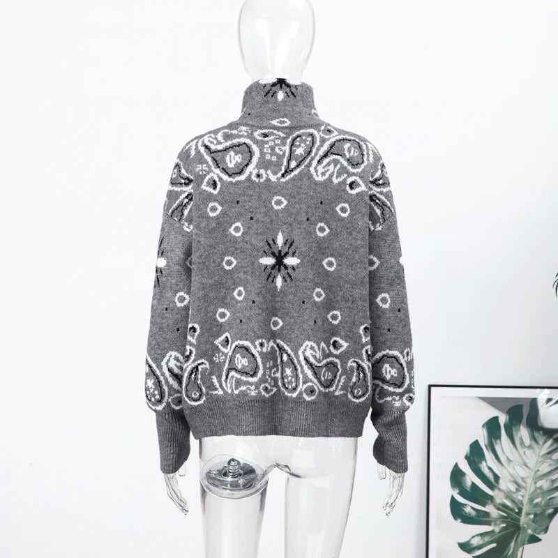 Vintage Jacquard Stand Collar Zipper Front Pocket Cardigan For Women