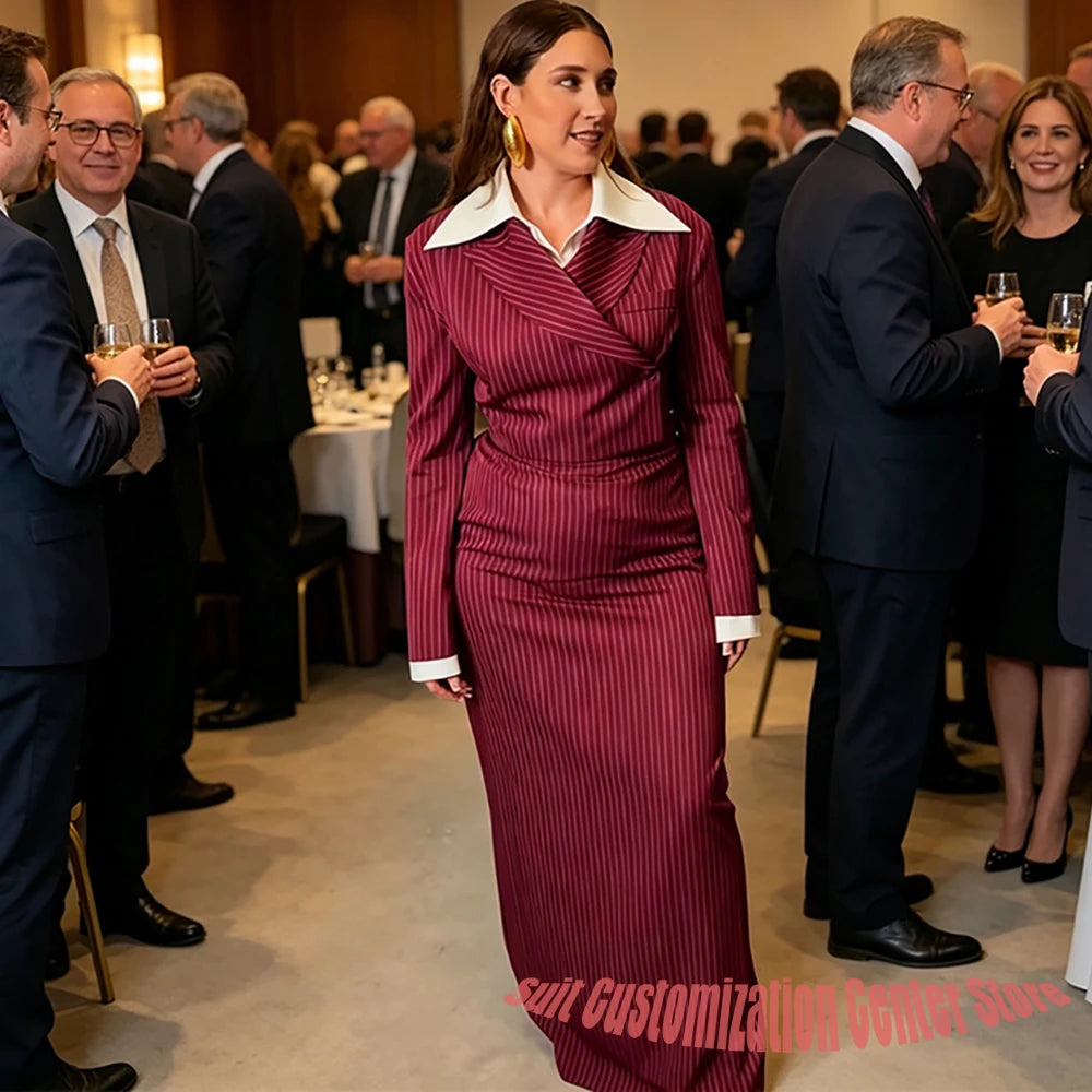 Navy Pinstripe Single Breasted Blazer Skirt Set for Women