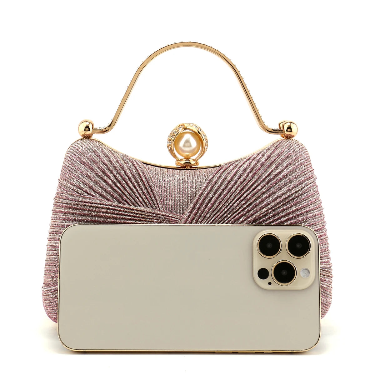 Bow Design Ruched Fashion Women Evening Bags Pink Color Sequined Glitter Metal Pearl Handbags Banquet Lady Wedding Bridal Purse