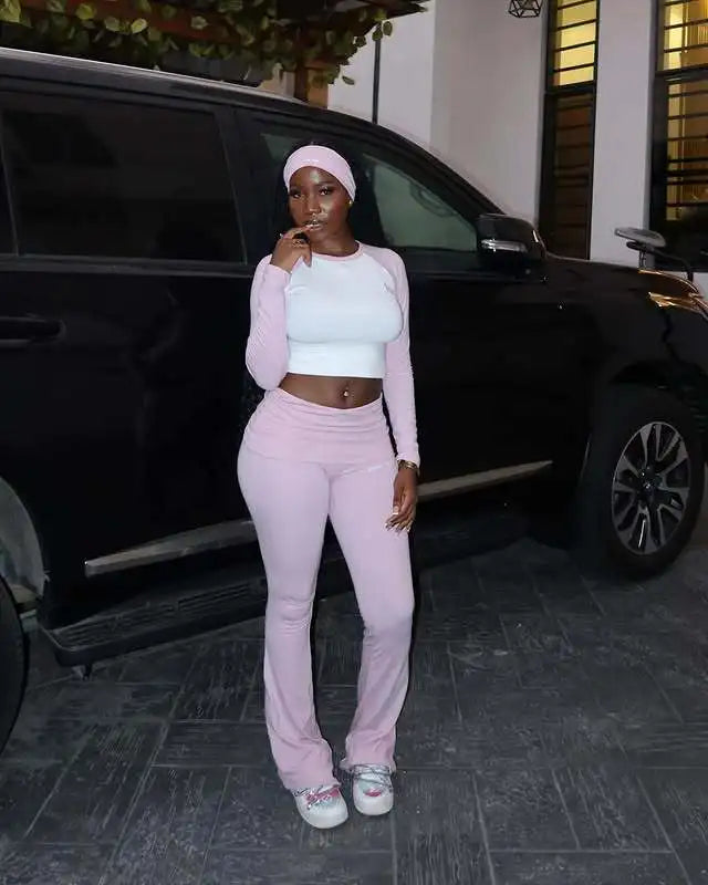 FAGADOER Casual 2 Pieces Set for Woman Long Sleeve Round Neck T-Shirt and High Waist Pants Matching Tracksuits Female Sportswear
