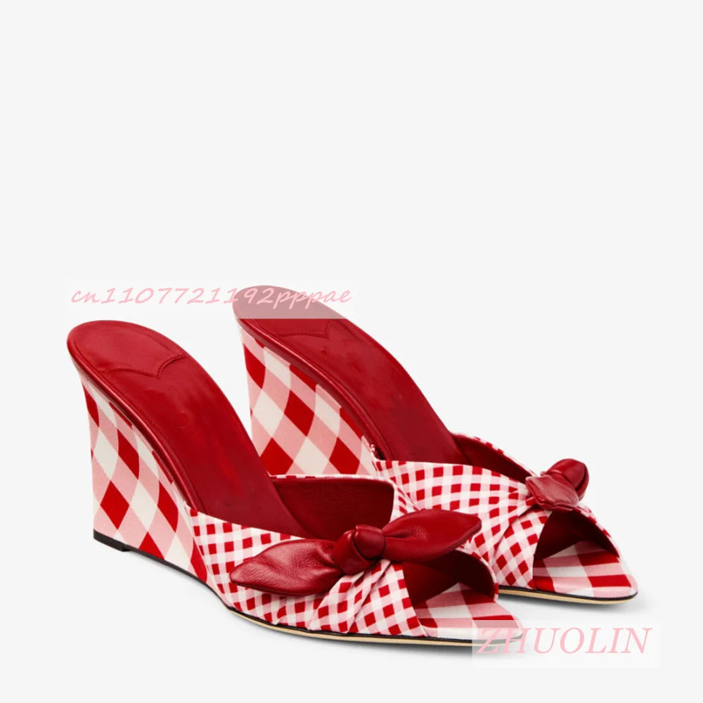 Gingham Check Leather Bow Open Toe Wedge Mules for Women