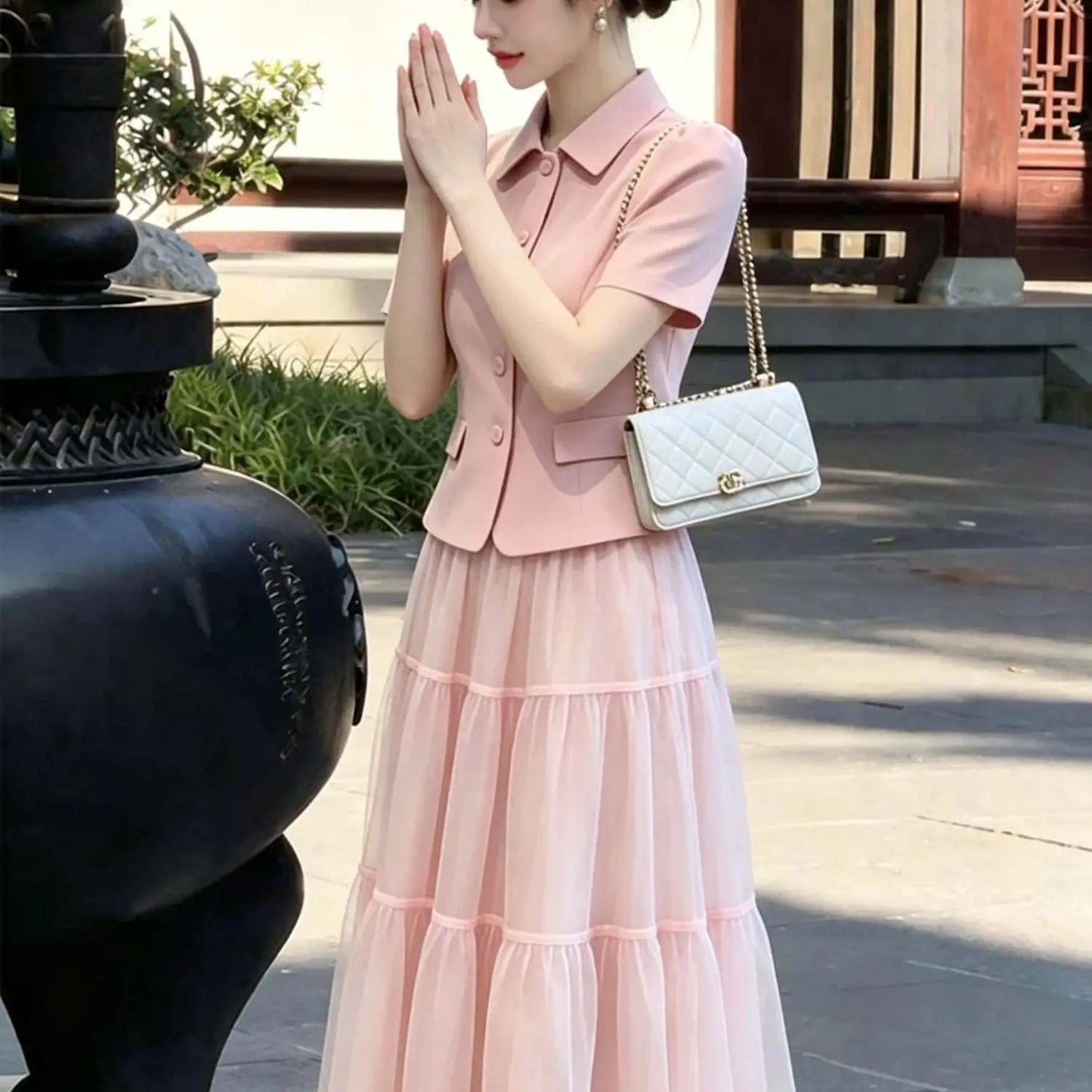 Pink Lapel Slim Blazer Top and Mesh Flower Skirt Two Piece Set for Women