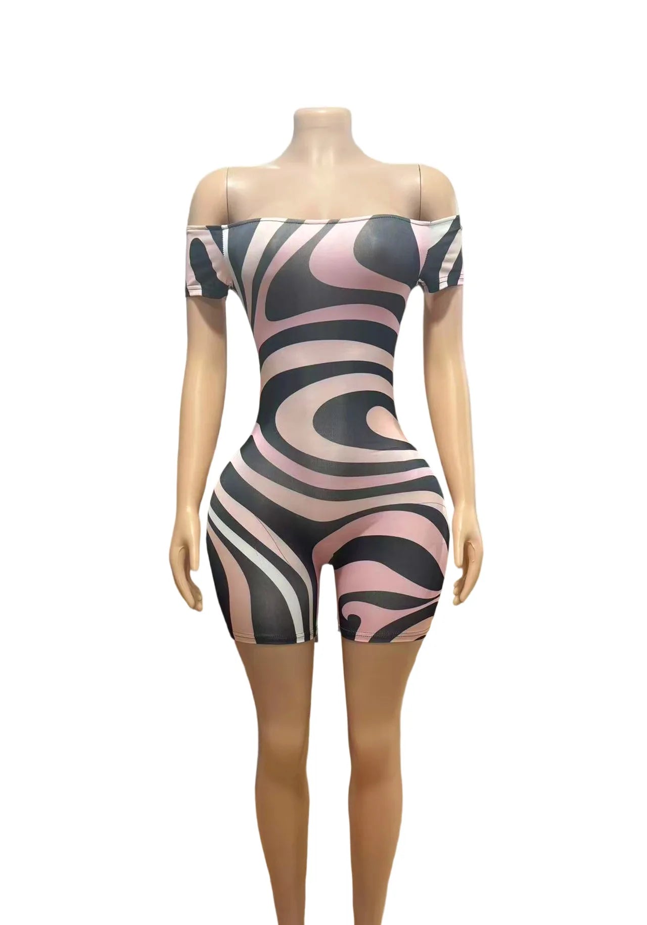 FAGADOER Sexy Stripe Print Bodycon Romper Women Off Showlder Backless One-piece Jumpsuits Hot Girl Streetwear Overalls 2025 New