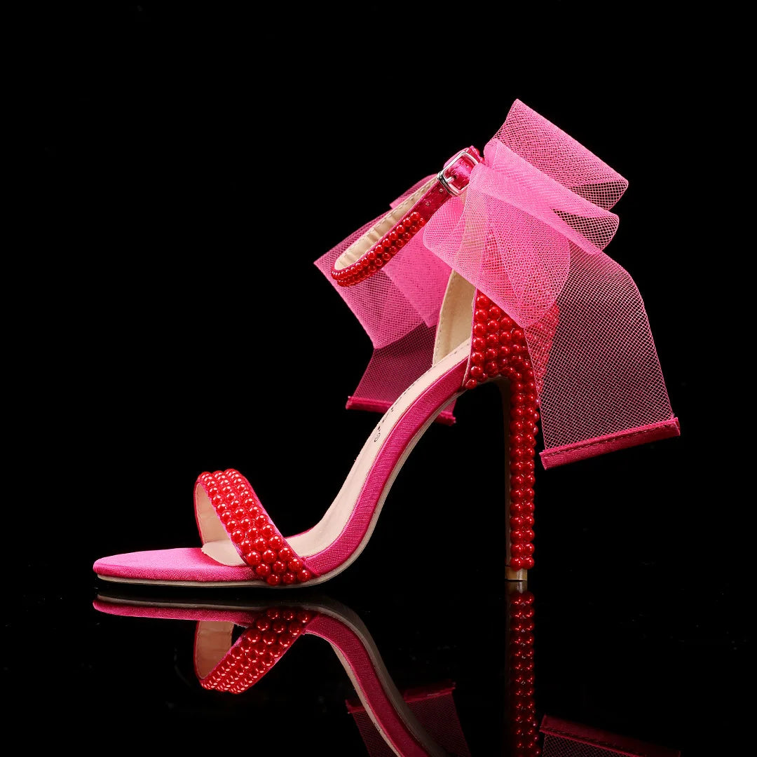 Elegant Pearl Beaded Mesh Bowknot Sandals for Women