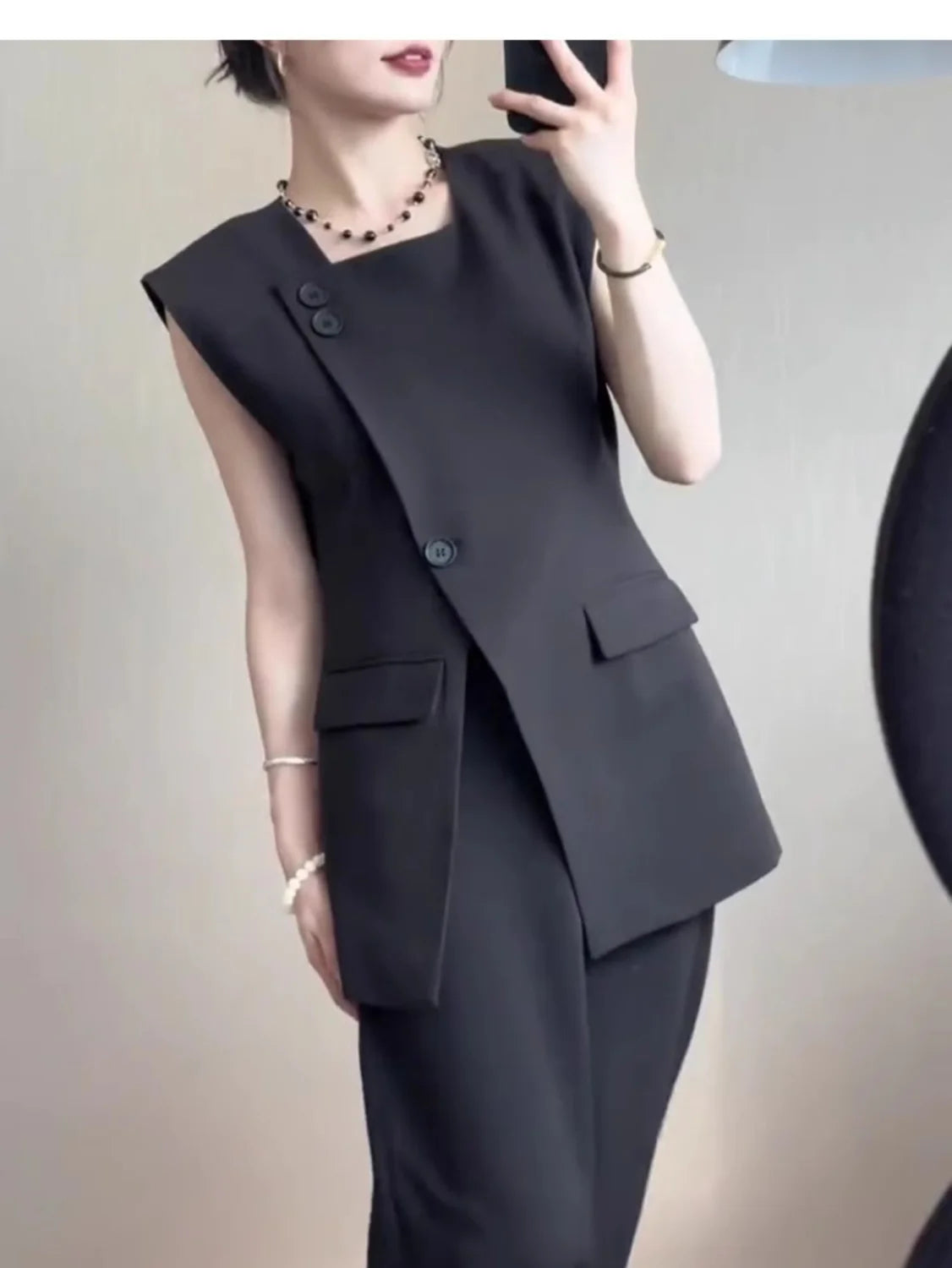 Black Button Front Split Sleeveless Vest For Women