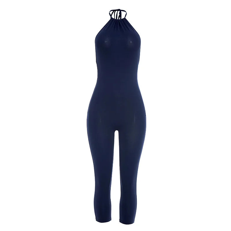 Backless Ruched Halter Neck Capri Jumpsuit for Women