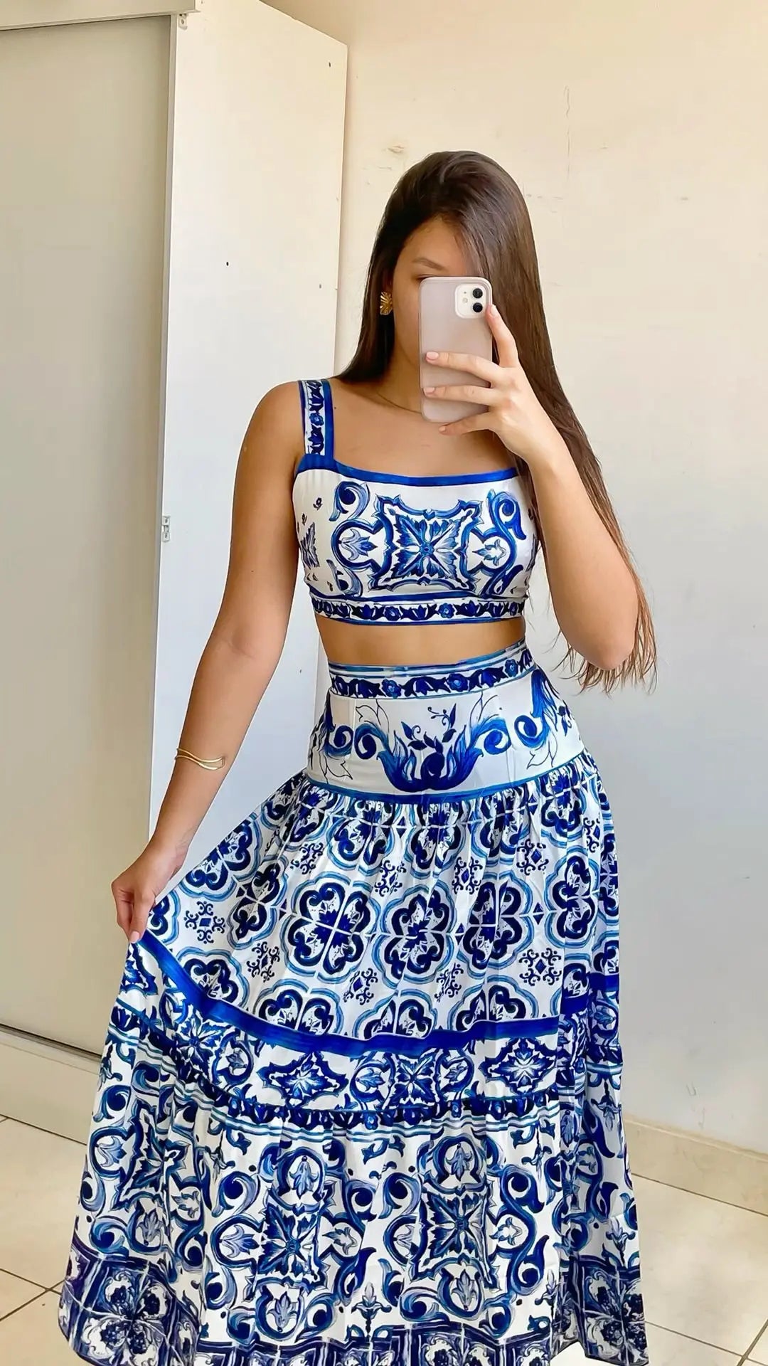 Blue and White Porcelain Print Two Piece Set for Women