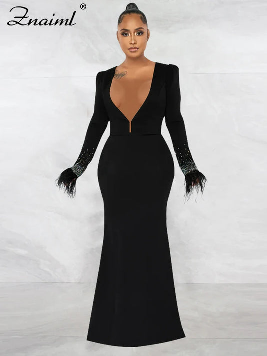 Znaiml Elegant Mermaid Skirt and Deep V Neck Feather Diamonds Long Sleeve Crop Tops Women Two Pieces Party Evening Matching Sets