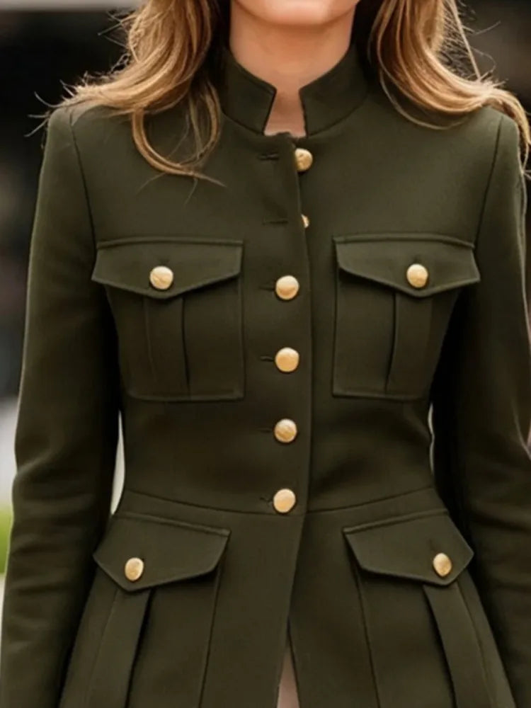Women's Fashion Solid Color Multiple Pocket Stand Collar Jackets Long Sleeves Buttoned Urban Casual Office Blazer Coats