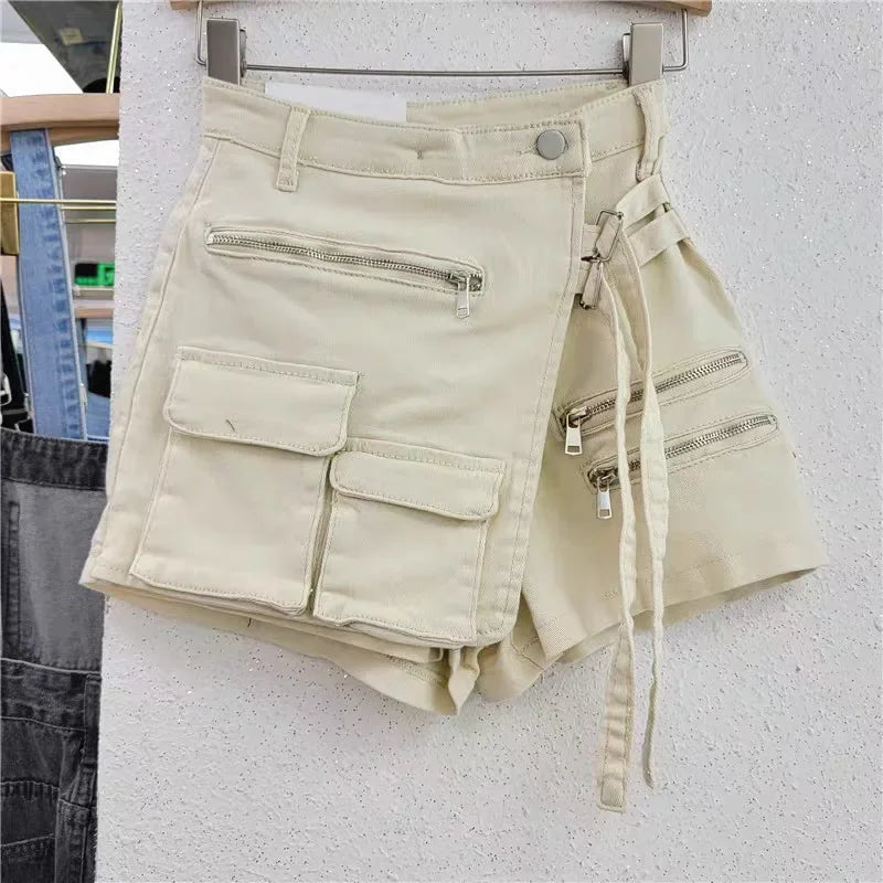 Irregular multi-pocket tooling A-word shorts women's loose wide-leg pants 2024 summer strap-on denim skirt pants