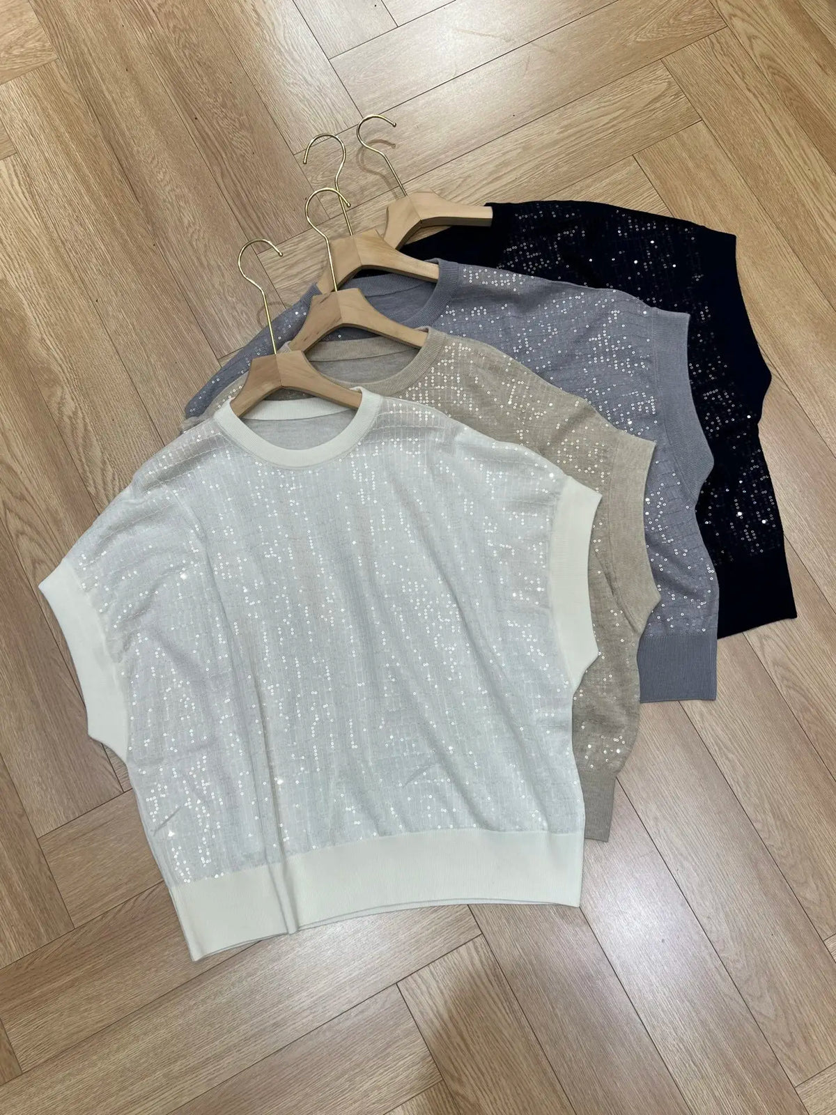 Loose Fit Sparkling Sequin Summer Knit Polo Top for Women