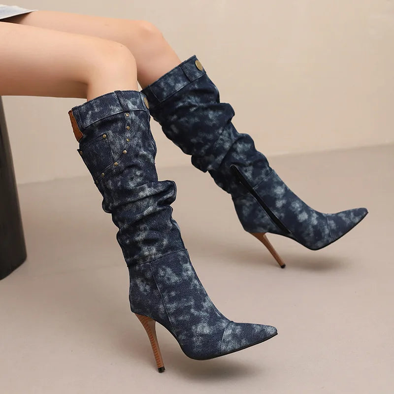 Fashion Knee High Pointed Pleated Denim Boots With Stiletto Heels For Women