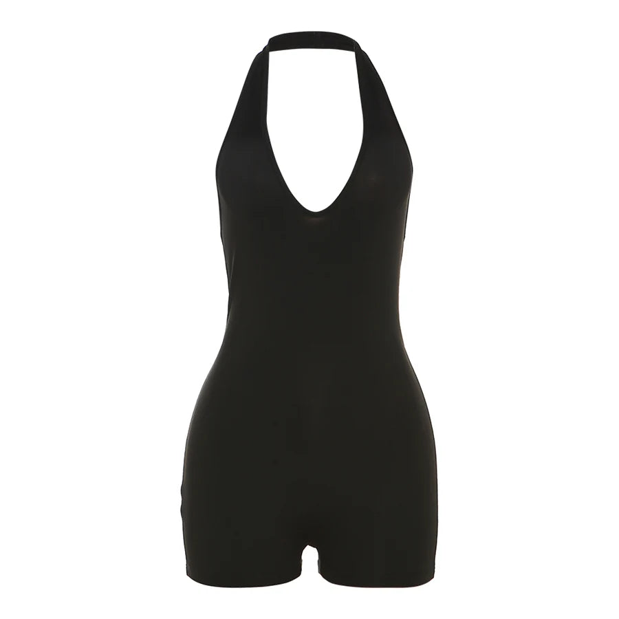 Weird Puss Halter Playsuits Women Fitness Sporty Backless Skinny Sleeveless V-Neck Casual Summer Solid Basic Streetwear Romper