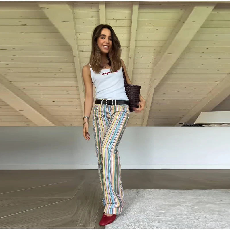 Color Block Rainbow Stripe Wide Leg Jeans for Women