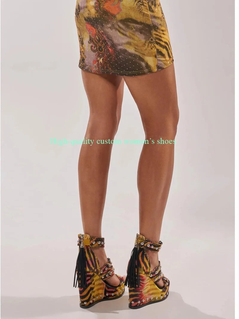 Rivet Detail Leopard Print Platform Sandals For Women