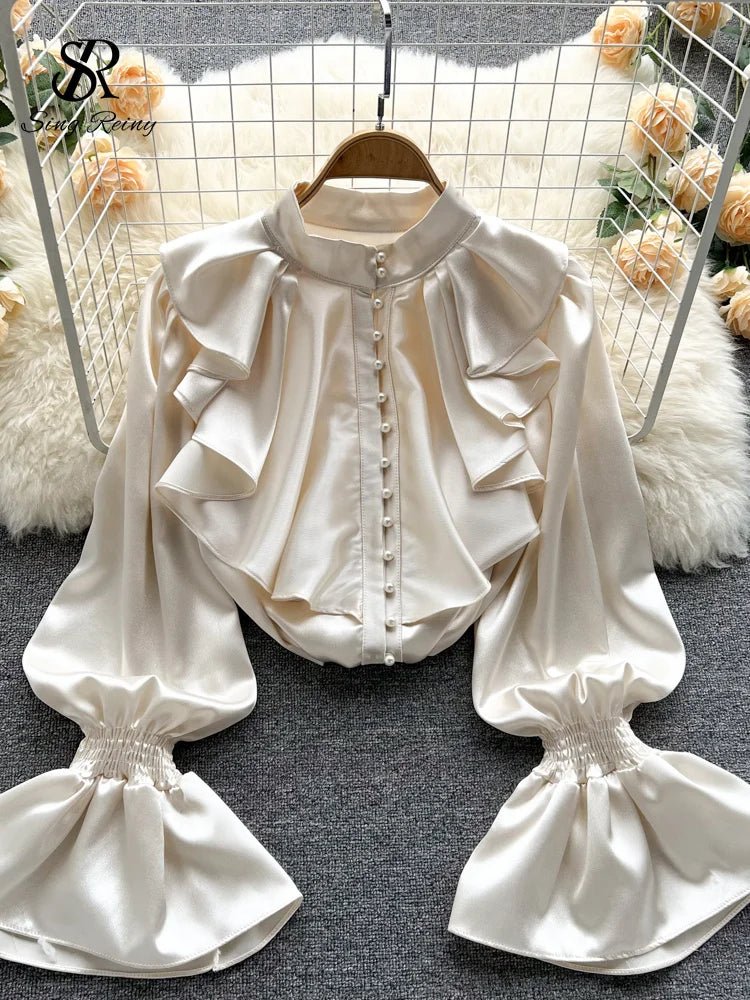 Elegant Satin Ruffle Long Sleeve Blouse for Women