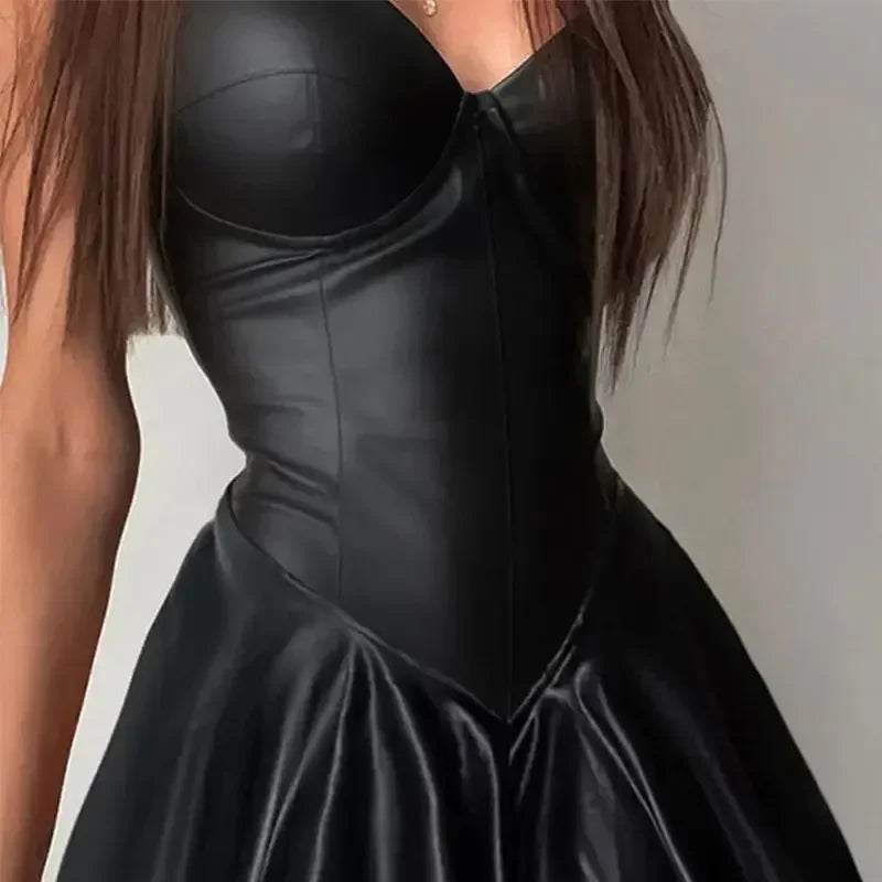 Spaghetti Strap Faux Leather A-line Mini Dress For Women