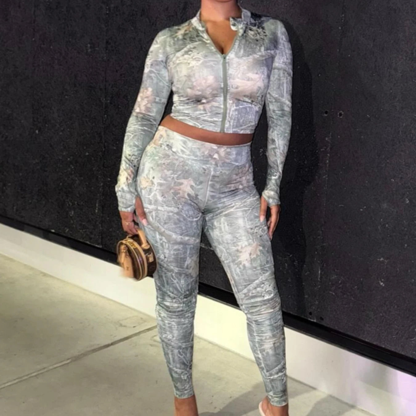 FAGADOER Y2K Fashion Pattern Printing 2 Piece Sets Woman Outfit Long Sleeve Zip Crop Top + Pants Matching Suit Female Streetwear