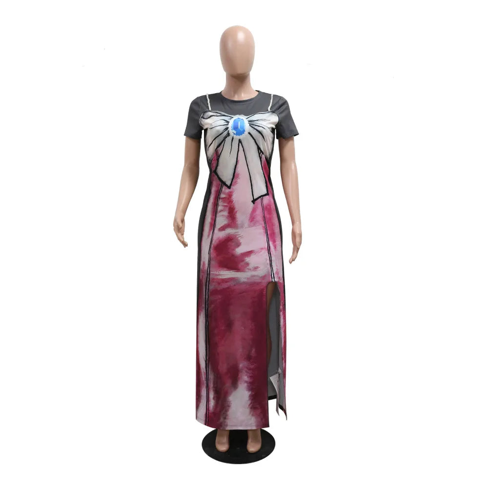 Casual Bow Print Short Sleeve Maxi Dress for Women