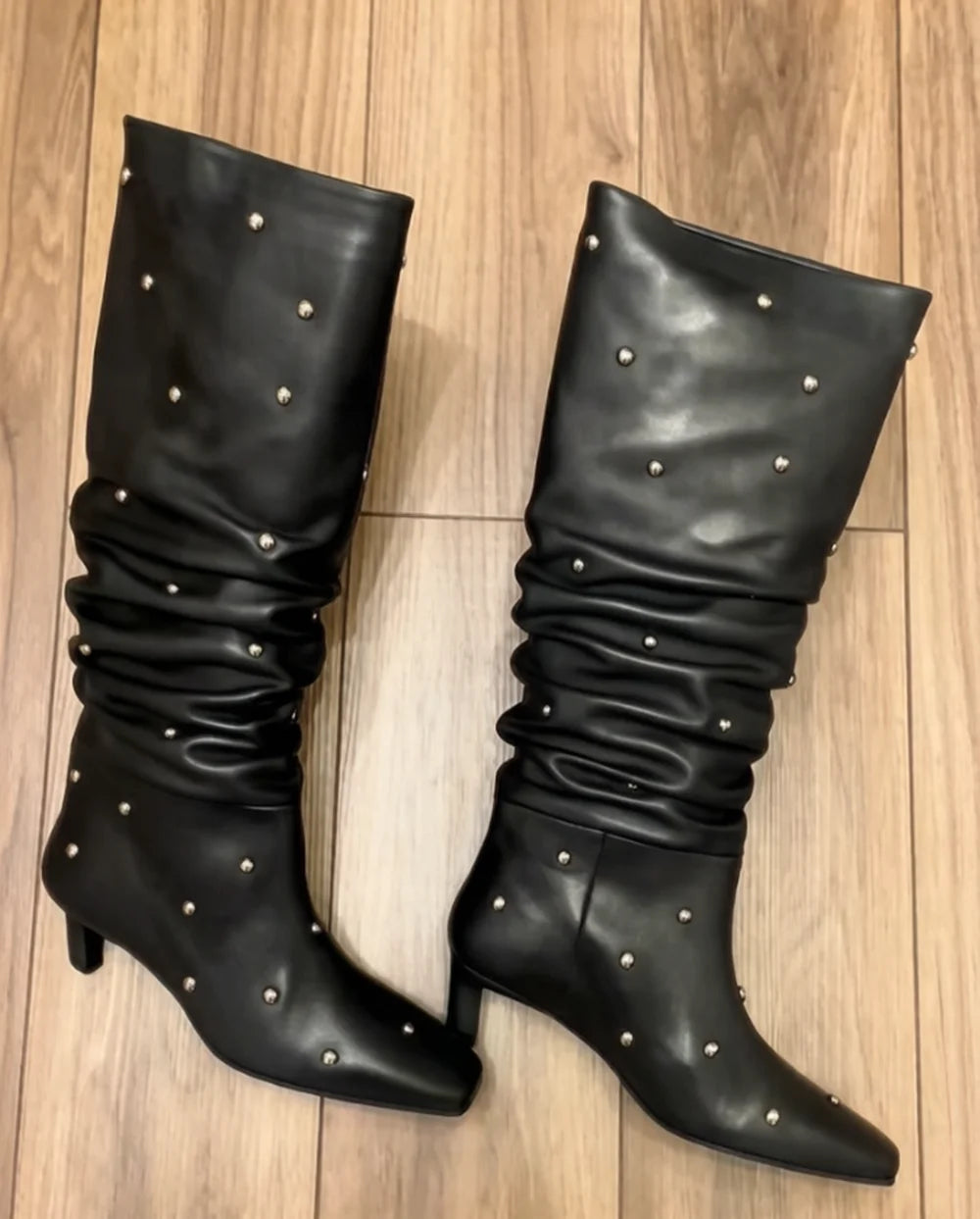 Black Studded Slouch Knee Boots