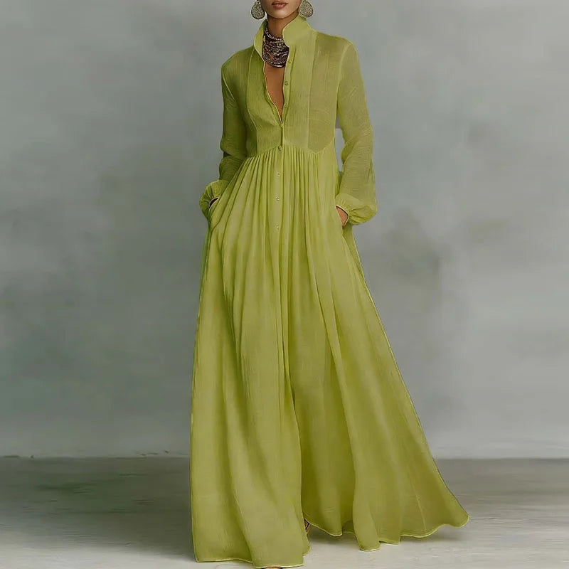 Elegant High Waist Pleated Long Sleeve Maxi Dress for Women