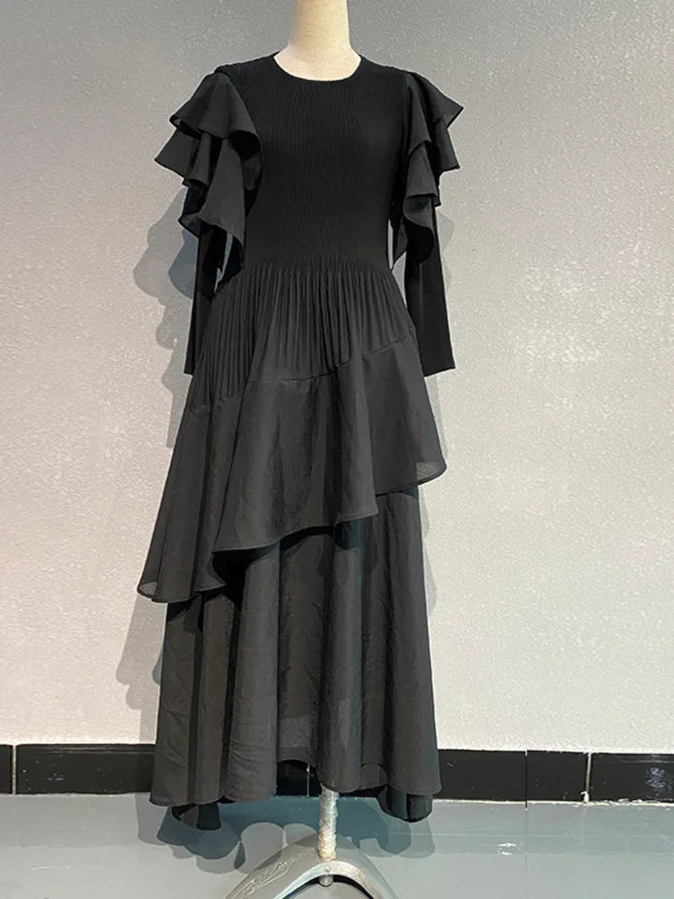 Pleated Tiered Long Sleeve Maxi Dress