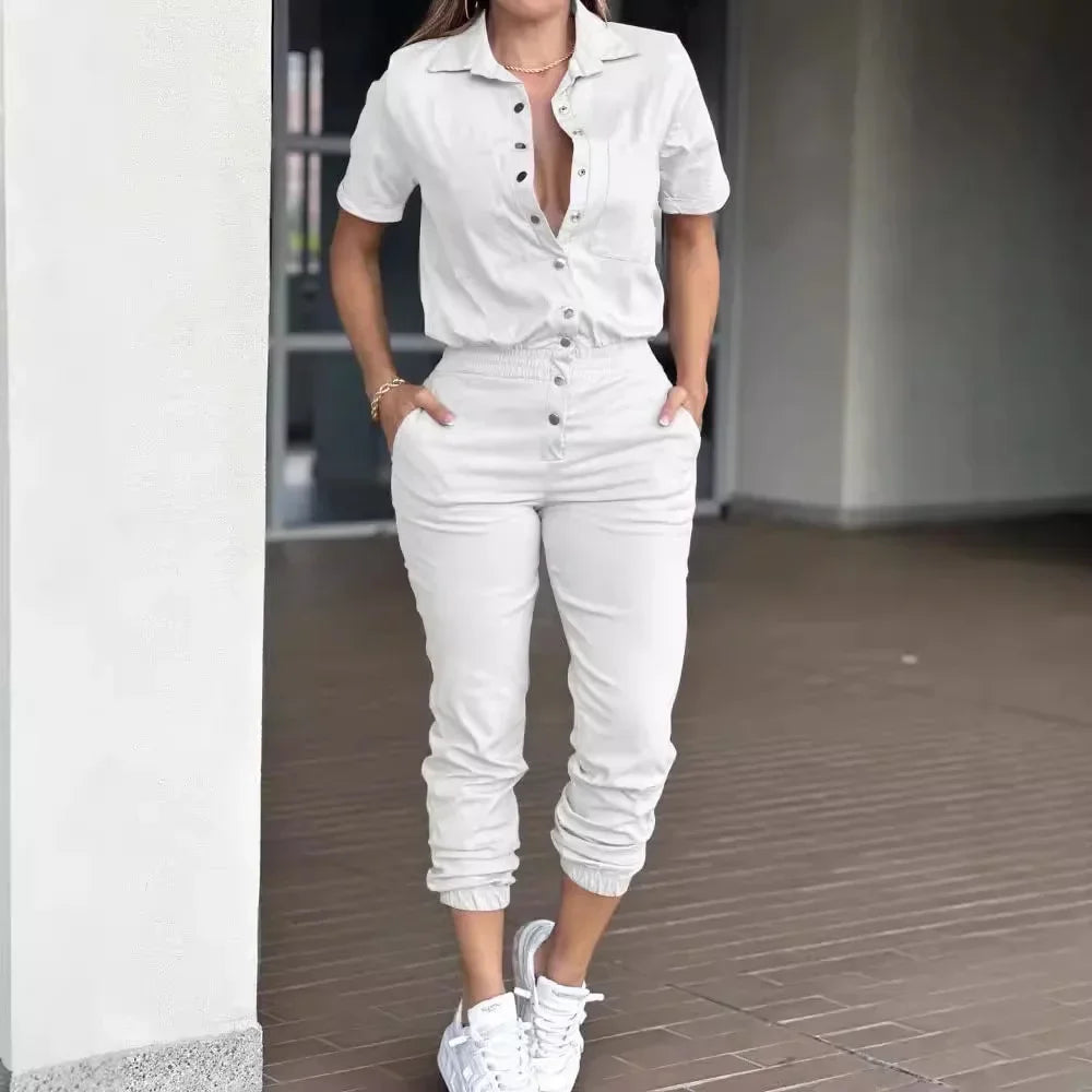Women's Jumpsuit Summer 2025 Fashion Ankle Tied with A Lapel Pocket and Elastic Buttons At The Waist Short Sleeved Bodysuit Pant