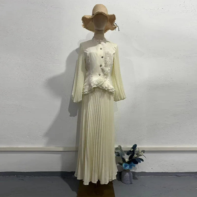Ruffle Lantern Sleeve Top and Pleated Skirt Set for Women