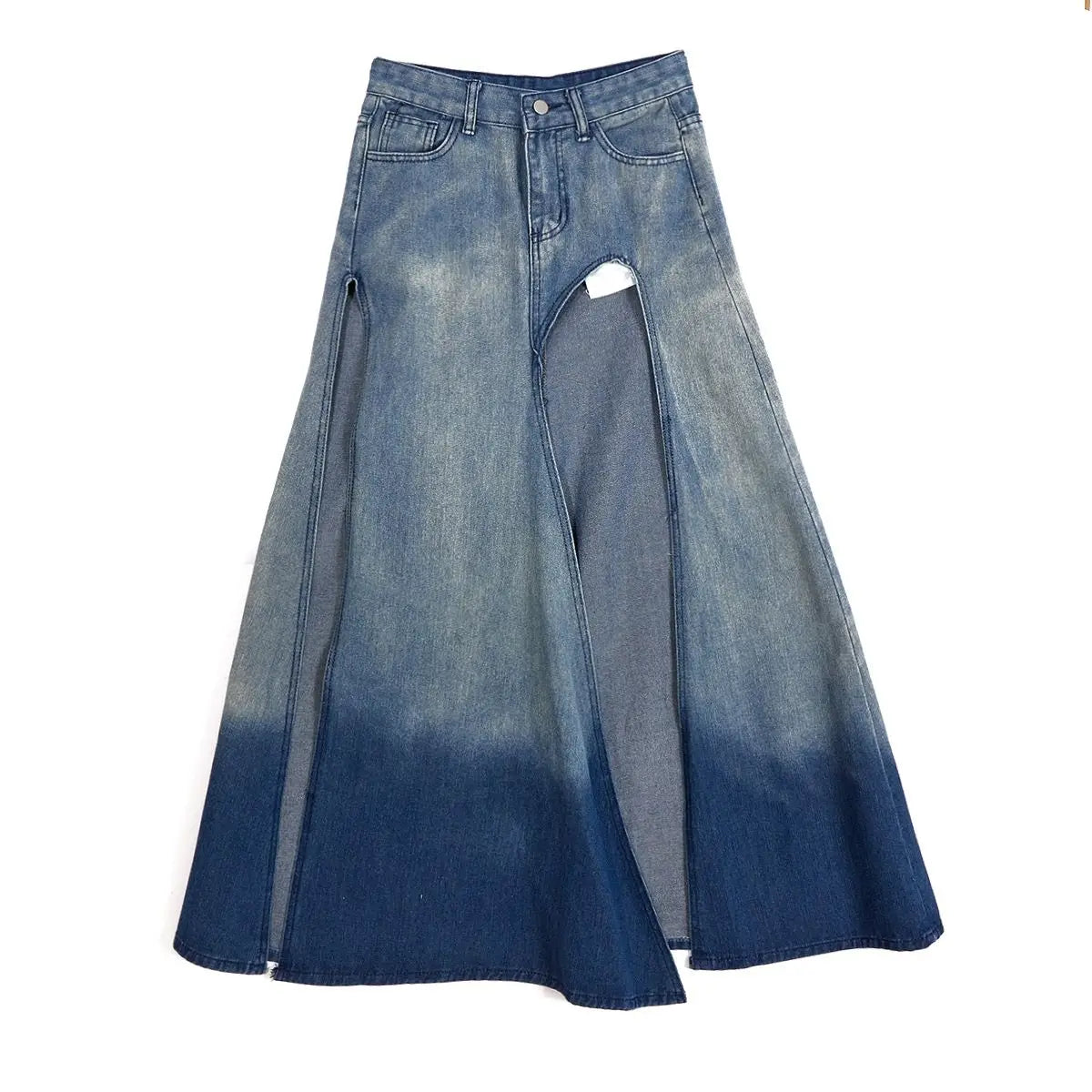 Gradient Wash High Waist Split Denim Long Skirt for Women