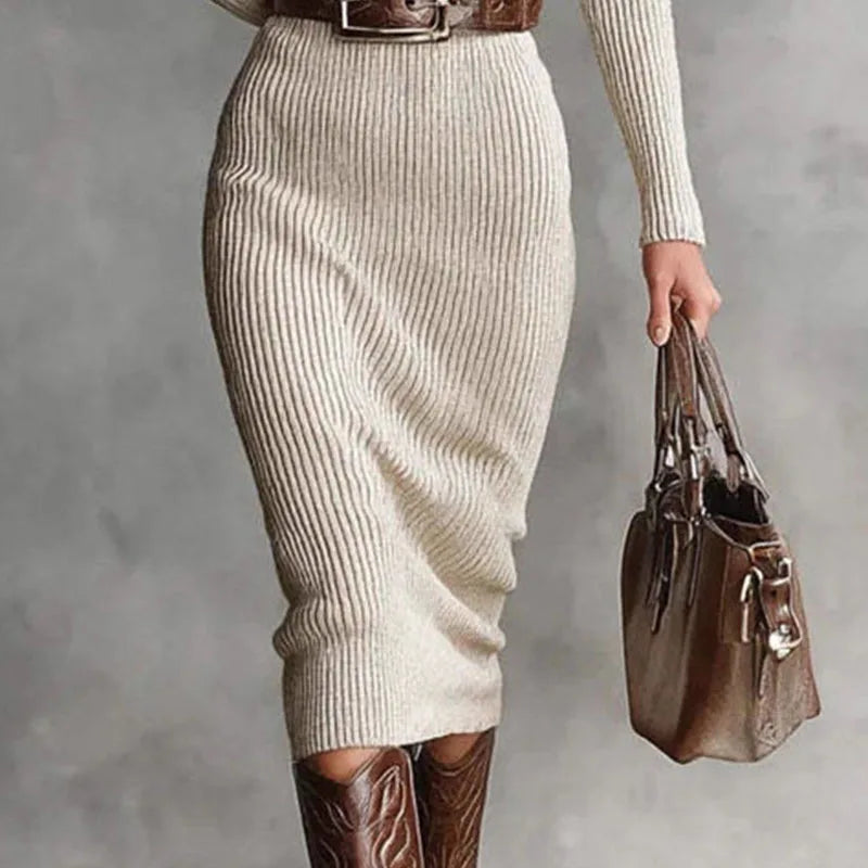 Ribbed Knit Deep V Neck Long Sleeve Sweater Dress for Women