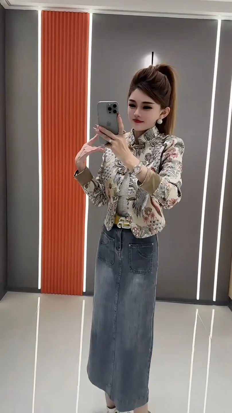 Women Print Coat 2025 Spring New Retro Chinese Printed Splicing Plate Buckle Stand Collar Long Sleeve Short Jacket Women