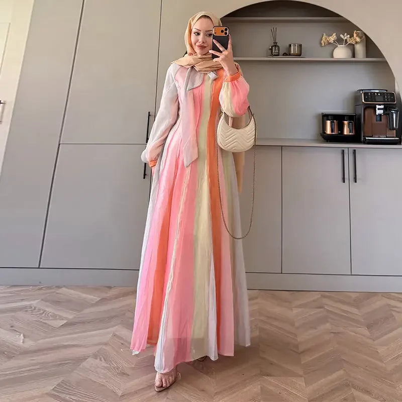 Elegant Chic Color Stripe Balloon Sleeve Dress for Women