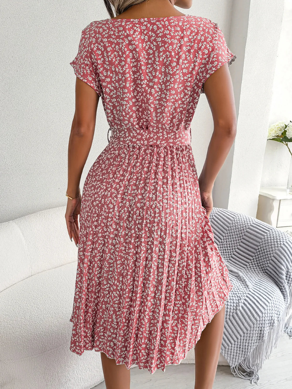Chic Casual Pleated Short Sleeve Midi Dress for Women